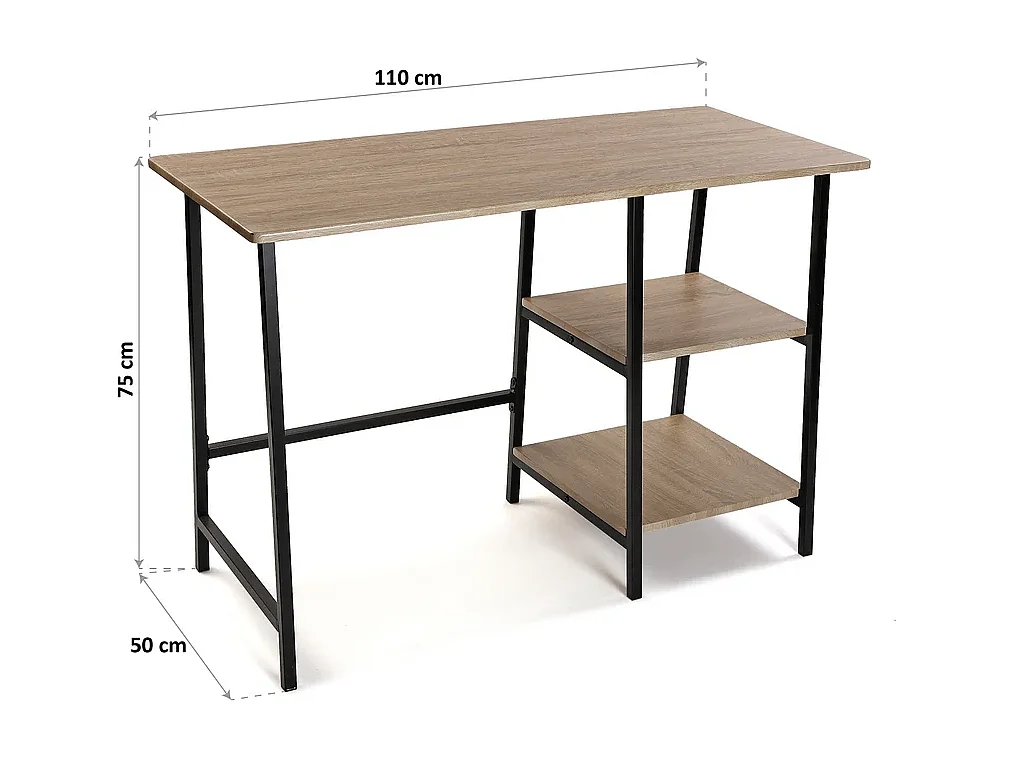 Mesa Escritorio Industrial con Estante y 2 Baldas – MDF Negro, Estructura Metálica y Roble, 110x50x75 cm