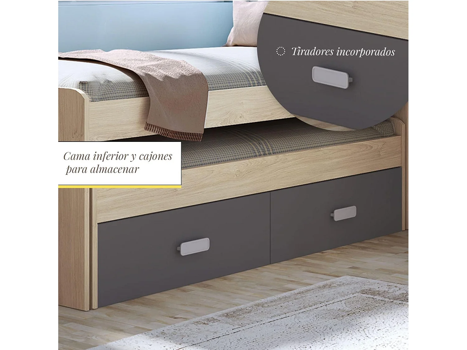 Cama Nido Juvenil Doble con Cajones de Almacenaje – Puccini Grafito, 198.4 cm Largo x 98 cm Ancho x 72 cm Alto, Primera Calidad y Alta Resistencia.