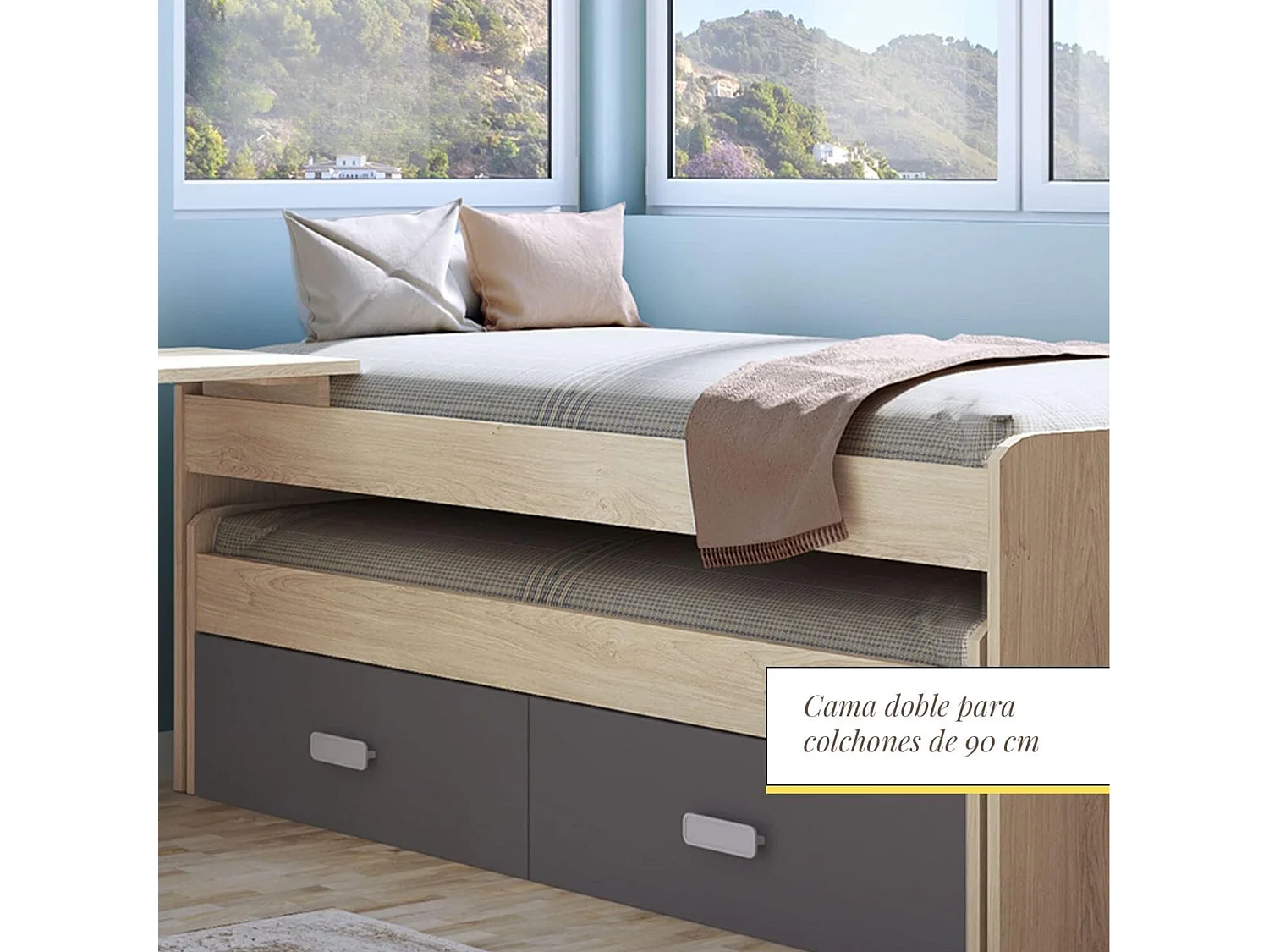 Cama Nido Juvenil Doble con Cajones de Almacenaje – Puccini Grafito, 198.4 cm Largo x 98 cm Ancho x 72 cm Alto, Primera Calidad y Alta Resistencia.