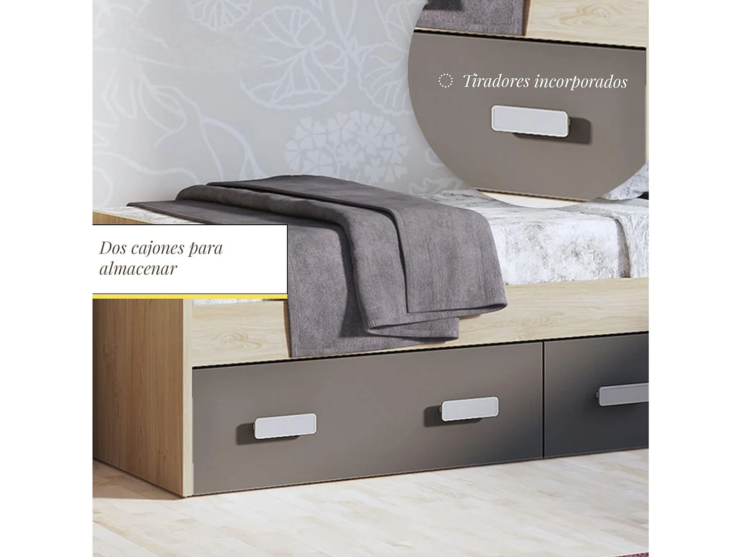 Cama Nido con 2 Cajones de Almacenaje – Puccini Grafito, 194,4 cm Largo x 98 cm Ancho x 58 cm Alto, Primera Calidad y Alta Resistencia.