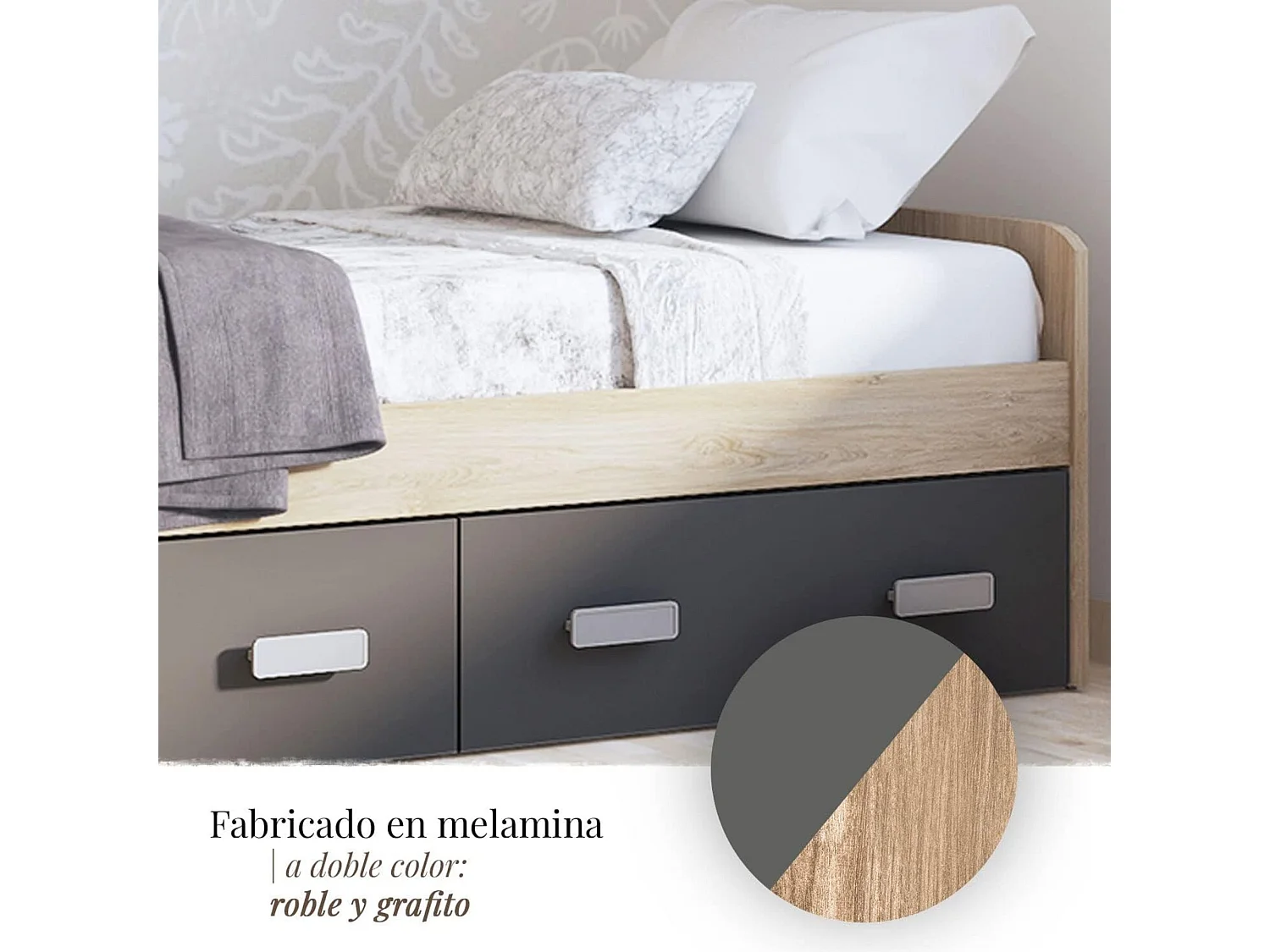 Cama Nido con 2 Cajones de Almacenaje – Puccini Grafito, 194,4 cm Largo x 98 cm Ancho x 58 cm Alto, Primera Calidad y Alta Resistencia.