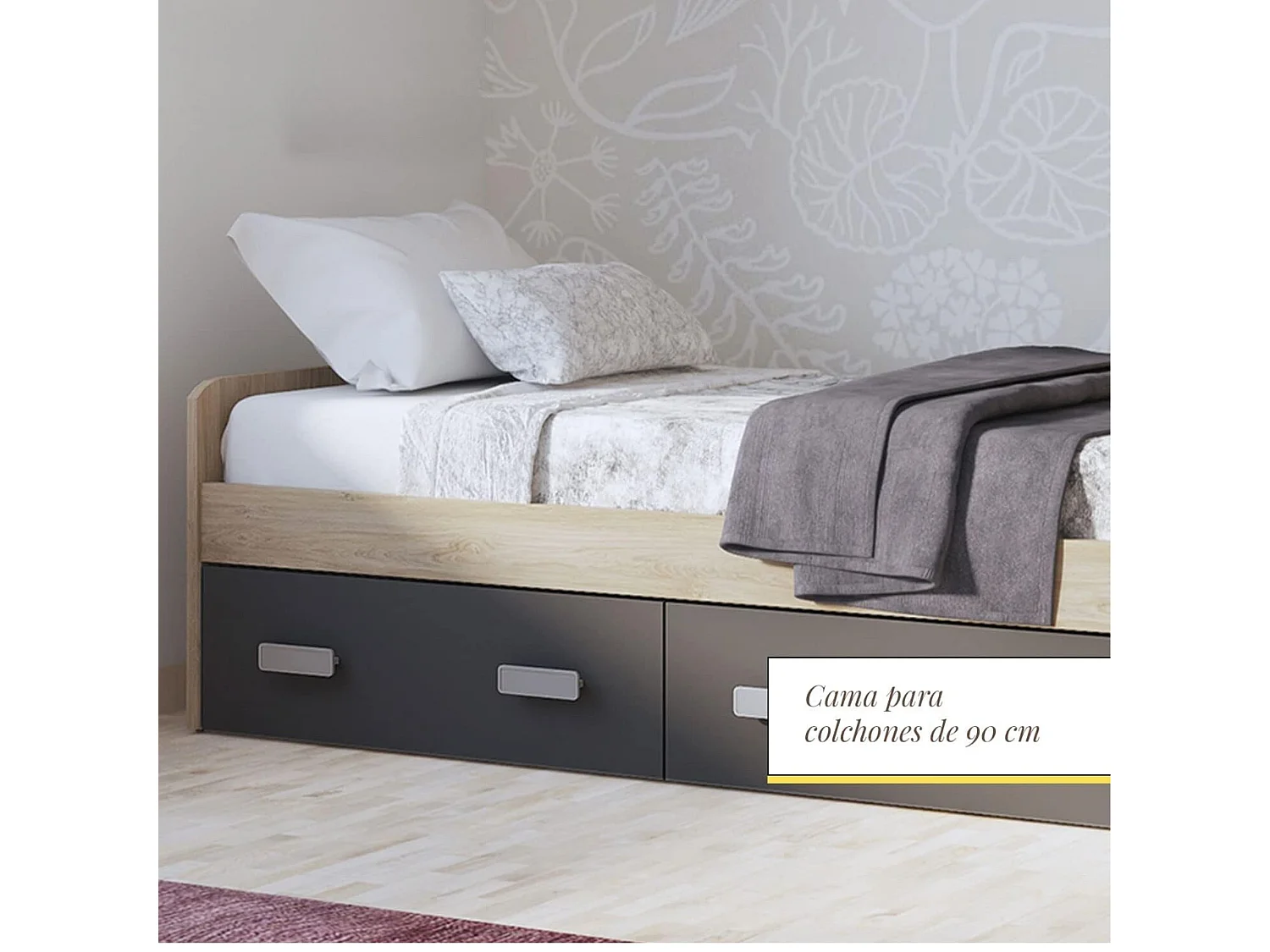 Cama Nido con 2 Cajones de Almacenaje – Puccini Grafito, 194,4 cm Largo x 98 cm Ancho x 58 cm Alto, Primera Calidad y Alta Resistencia.