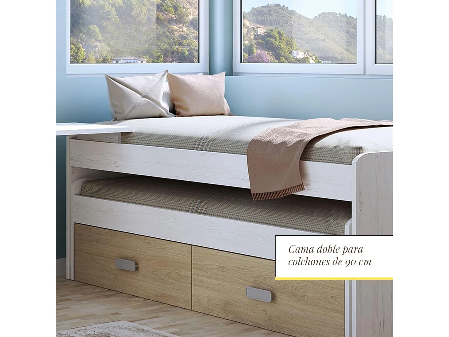 Cama Nido Juvenil Doble con Cajones de Almacenaje – Blanco Veteado y Natural, 198.4 cm Largo x 98 cm Ancho x 72 cm Alto, Primera Calidad y Alta Resist