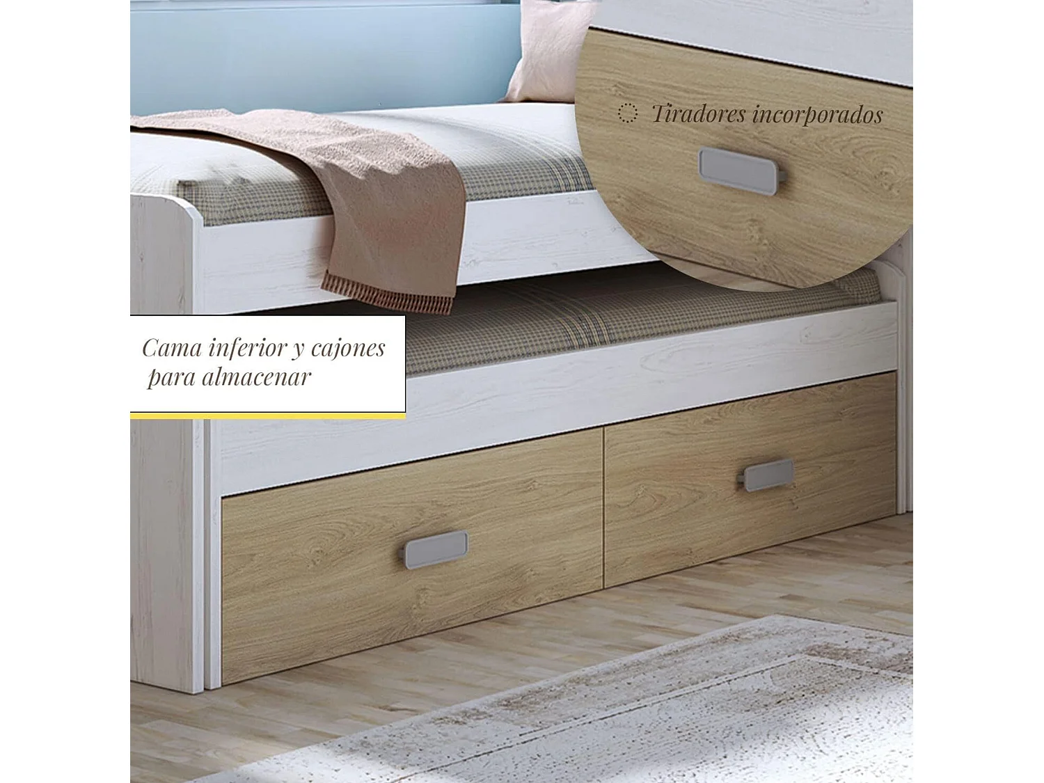 Cama Nido Juvenil Doble con Cajones de Almacenaje – Blanco Veteado y Natural, 198.4 cm Largo x 98 cm Ancho x 72 cm Alto, Primera Calidad y Alta Resist