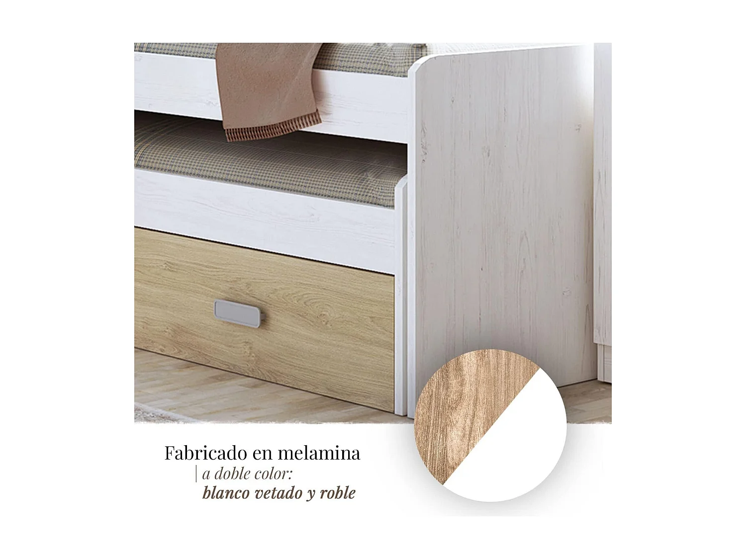 Cama Nido Juvenil Doble con Cajones de Almacenaje – Blanco Veteado y Natural, 198.4 cm Largo x 98 cm Ancho x 72 cm Alto, Primera Calidad y Alta Resist