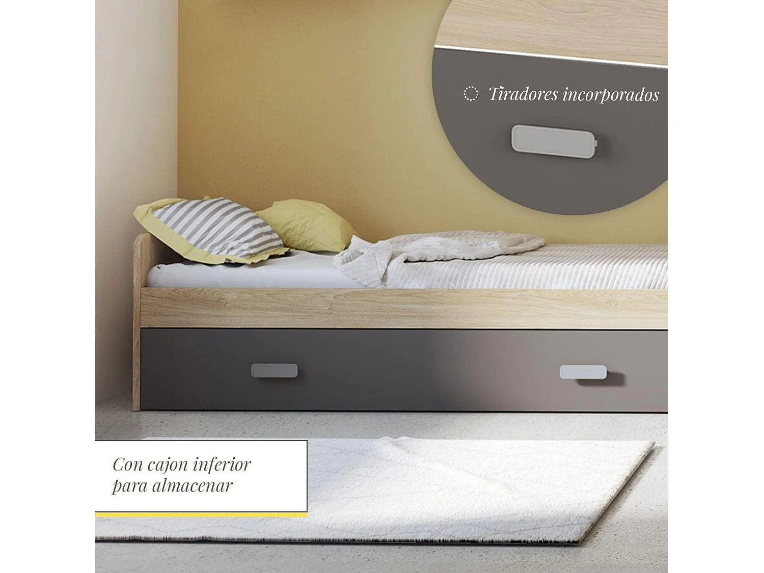 Cama Nido de Melamina Color Puccini Grafito – Ancho 194,4 cm x Fondo 98 cm x Alto 58 cm, Ideal para Habitaciones Juveniles.