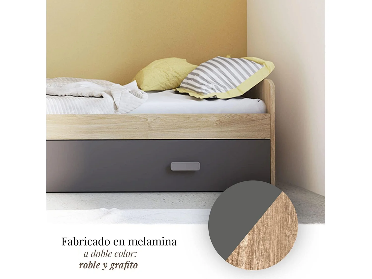 Cama Nido de Melamina Color Puccini Grafito – Ancho 194,4 cm x Fondo 98 cm x Alto 58 cm, Ideal para Habitaciones Juveniles.