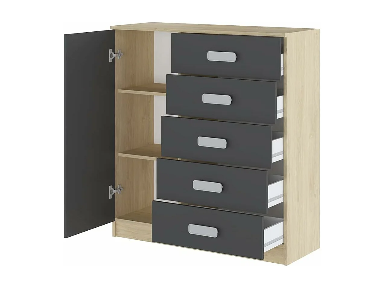 Cómoda Grande para Dormitorio o Salón – Natural y Grafito, 60 x 108 x 60 cm, 1 Puerta y 5 Cajones de Almacenaje.