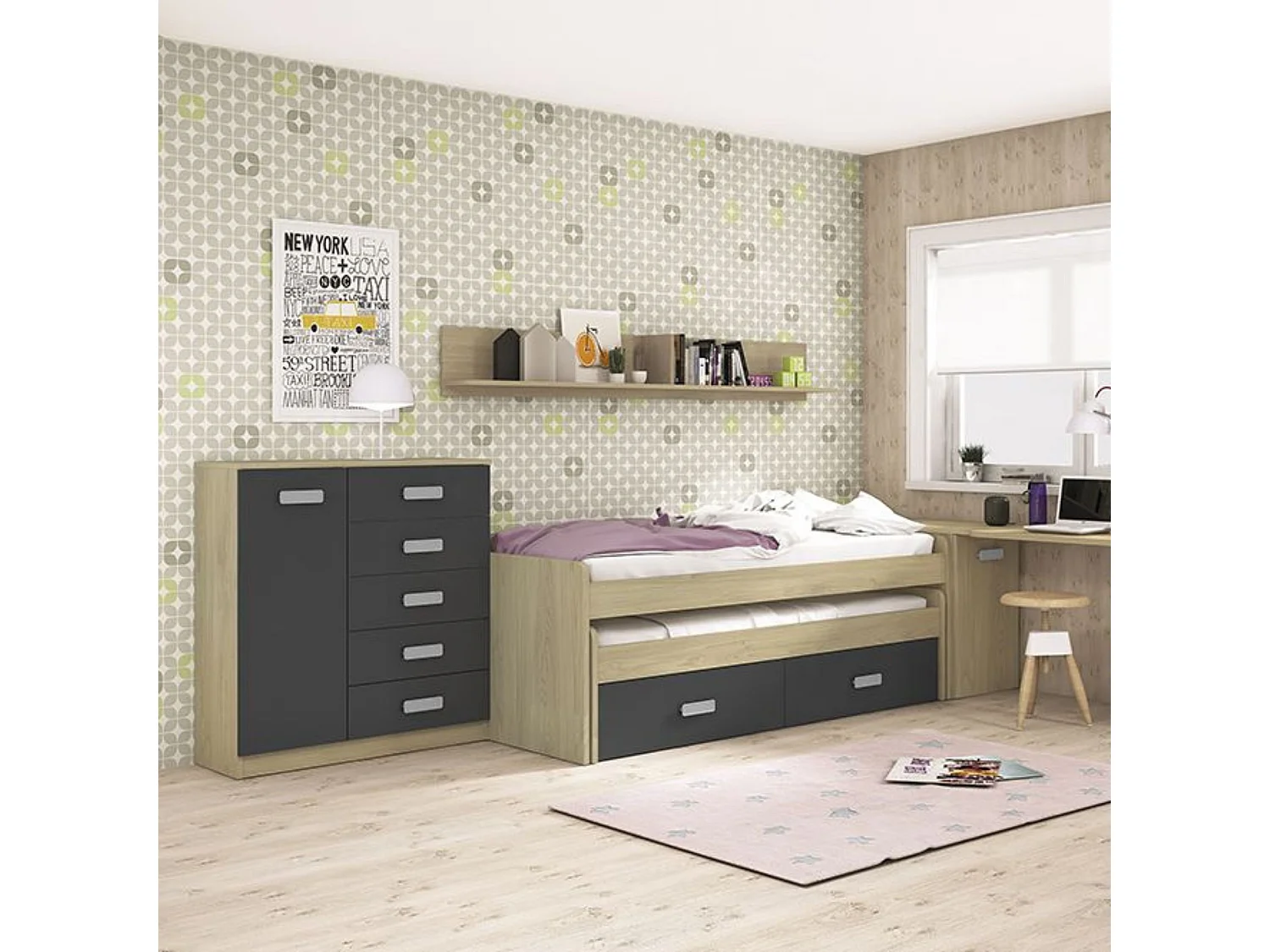 Cómoda Grande para Dormitorio o Salón – Natural y Grafito, 60 x 108 x 60 cm, 1 Puerta y 5 Cajones de Almacenaje.