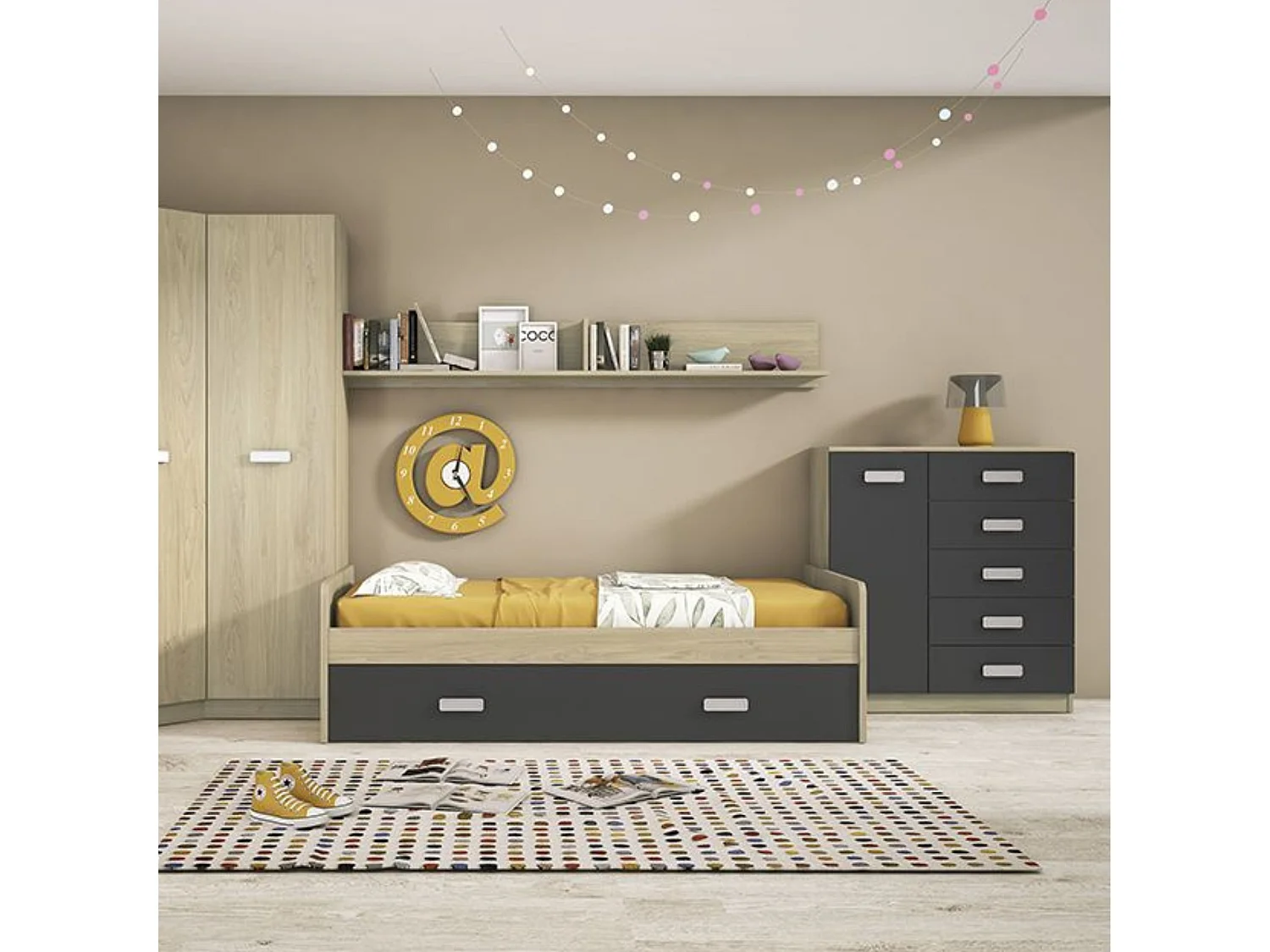 Cómoda Grande para Dormitorio o Salón – Natural y Grafito, 60 x 108 x 60 cm, 1 Puerta y 5 Cajones de Almacenaje.