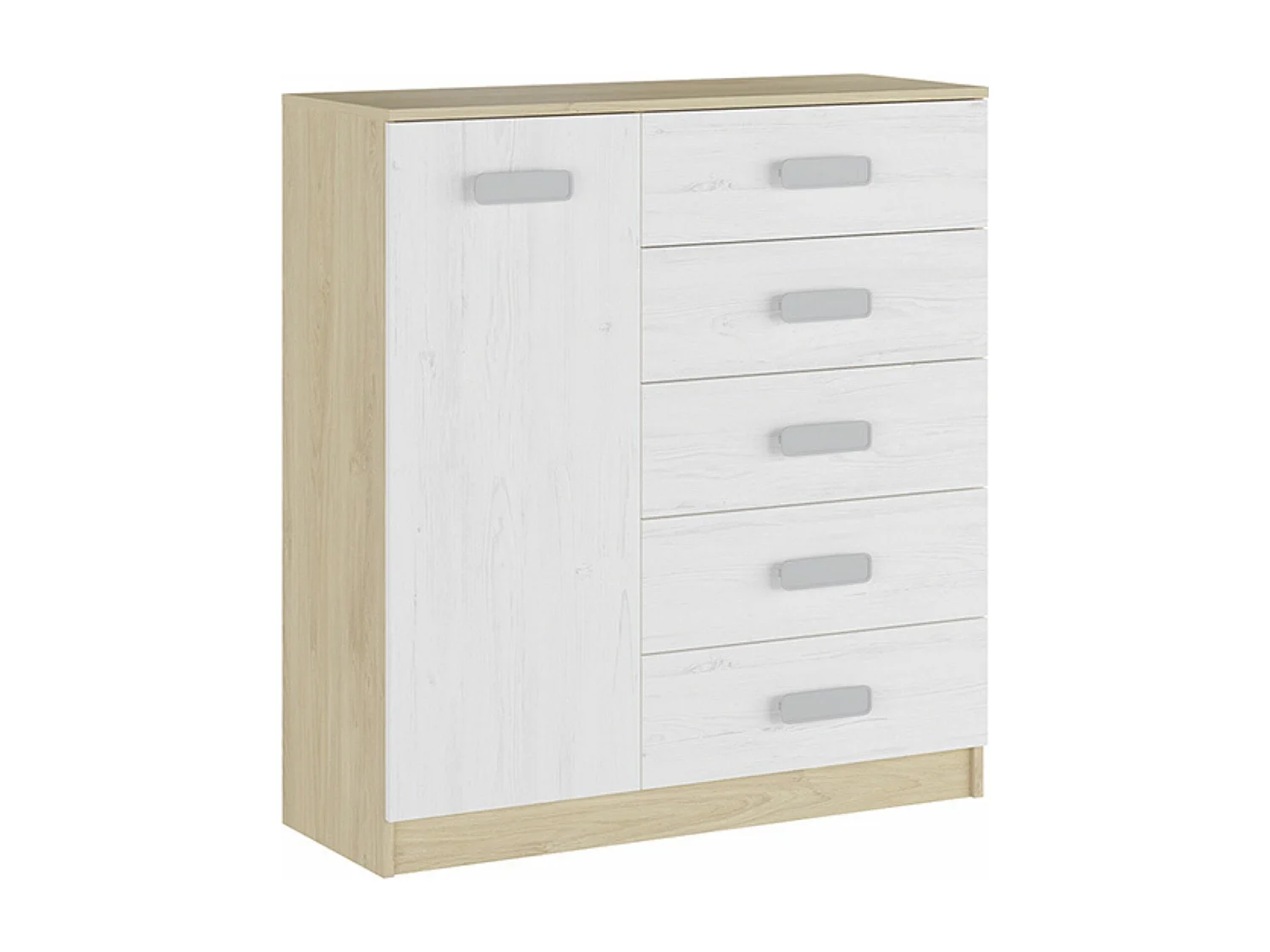 Cómoda Grande para Dormitorio o Salón – Natural y Blanco, 60 x 108 x 60 cm, 1 Puerta y 5 Cajones de Almacenaje.