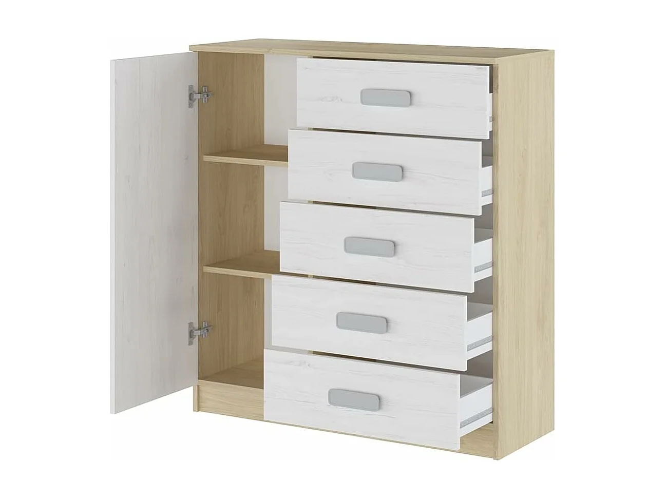 Cómoda Grande para Dormitorio o Salón – Natural y Blanco, 60 x 108 x 60 cm, 1 Puerta y 5 Cajones de Almacenaje.