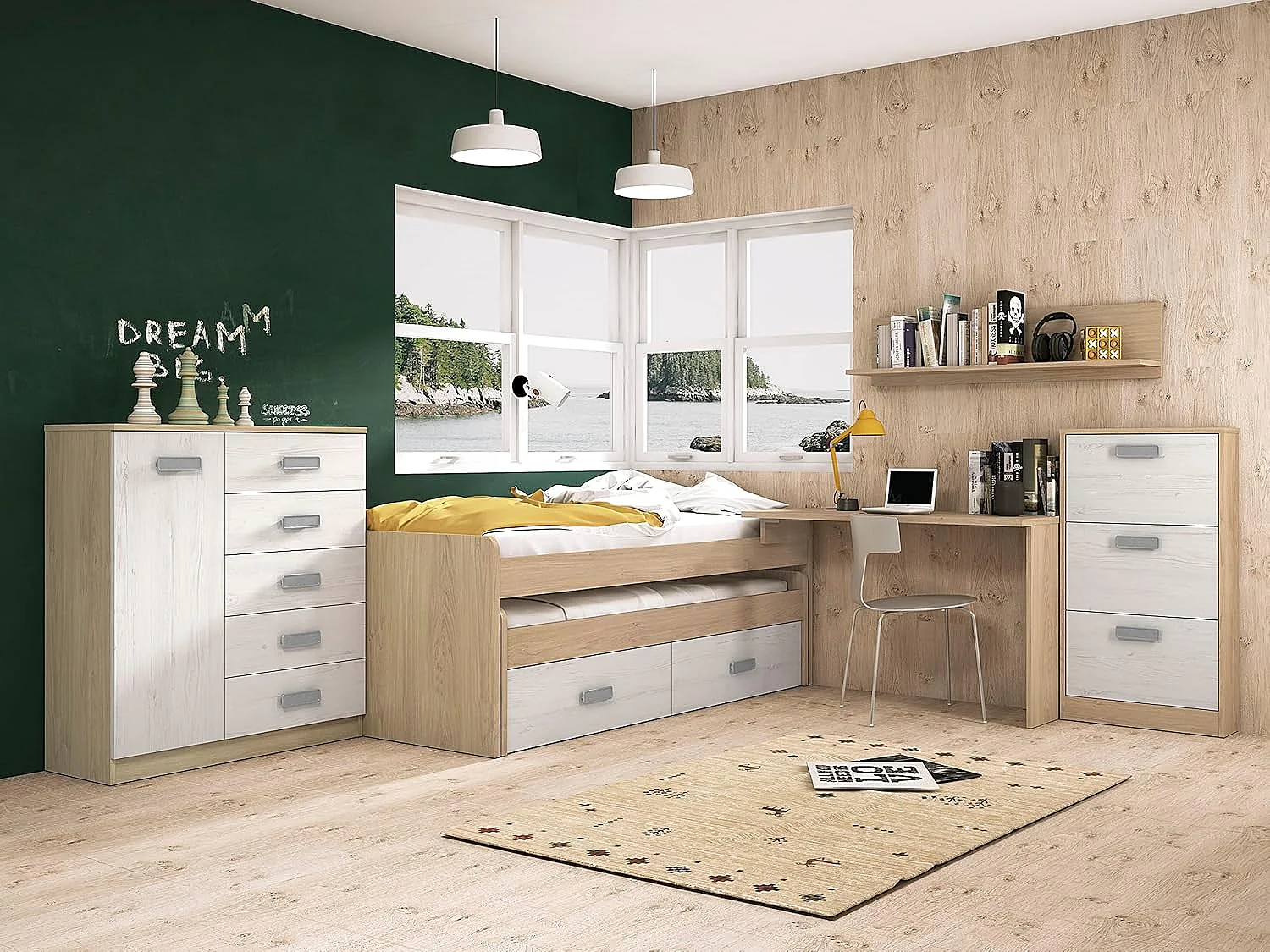 Cómoda Grande para Dormitorio o Salón – Natural y Blanco, 60 x 108 x 60 cm, 1 Puerta y 5 Cajones de Almacenaje.