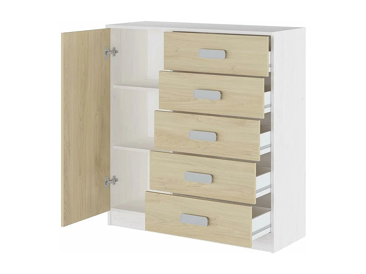 Cómoda Grande para Dormitorio o Salón - Blanco Veteado y Natural, 60 x 108 x 60 cm, 1 Puerta y 5 Cajones de Almacenaje.