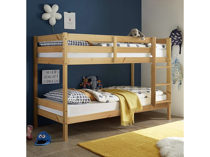 Litera Juvenil Convertible en Dos Camas Individuales, Madera Maciza de Pino, Escalera Reversible, Color Natural , 97x207x140 cm