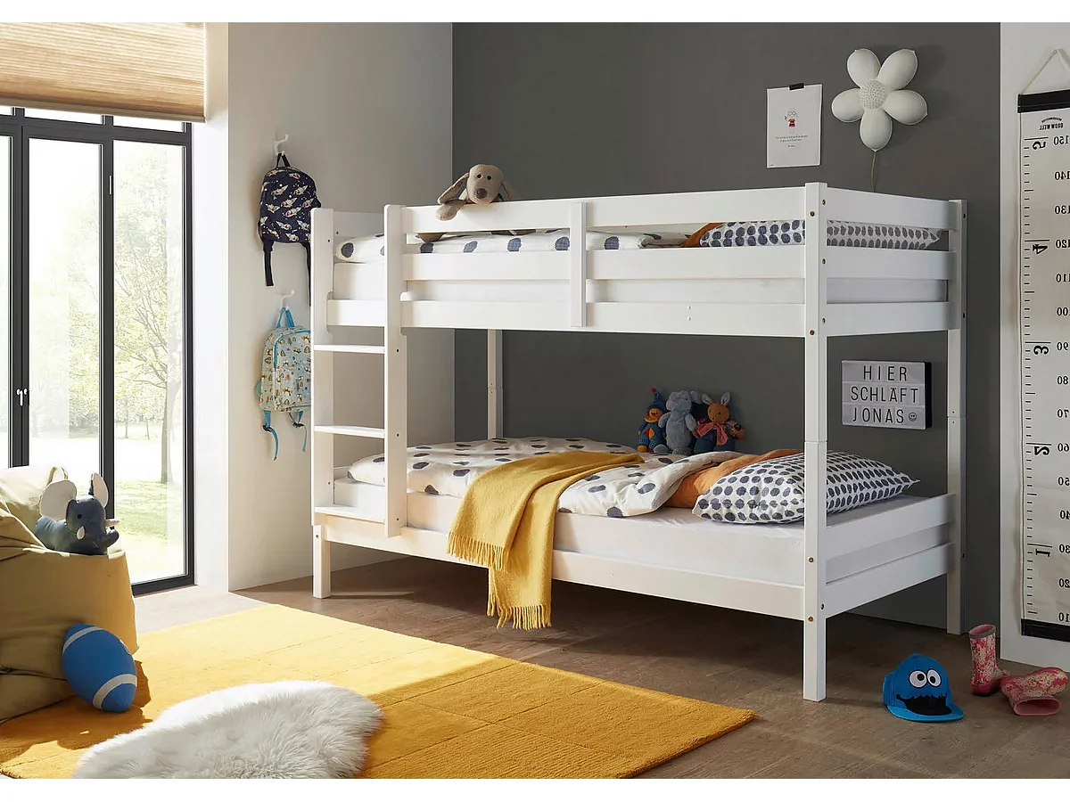 Litera Juvenil Convertible en Dos Camas Individuales, Madera Maciza de Pino, Escalera Reversible, Color Blanco, 97x207x140 cm