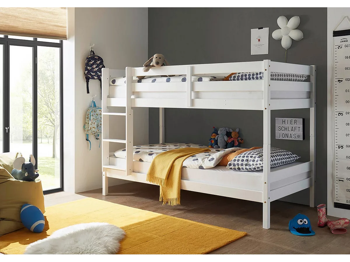 Litera Juvenil Convertible en Dos Camas Individuales, Madera Maciza de Pino, Escalera Reversible, Color Blanco, 97x207x140 cm