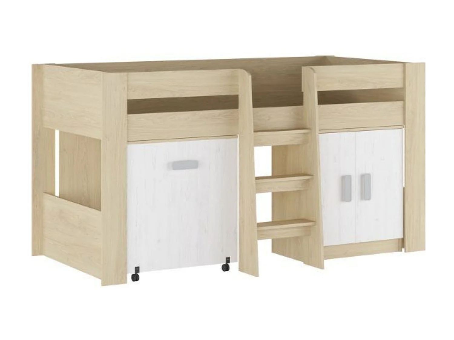 Cama Alta Juvenil con Escritorio y Armario Inferior 208,6 × 115,1 × 110,6 cm Color Blanco y Roble - Diseño Funcional para Espacios Reducidos.