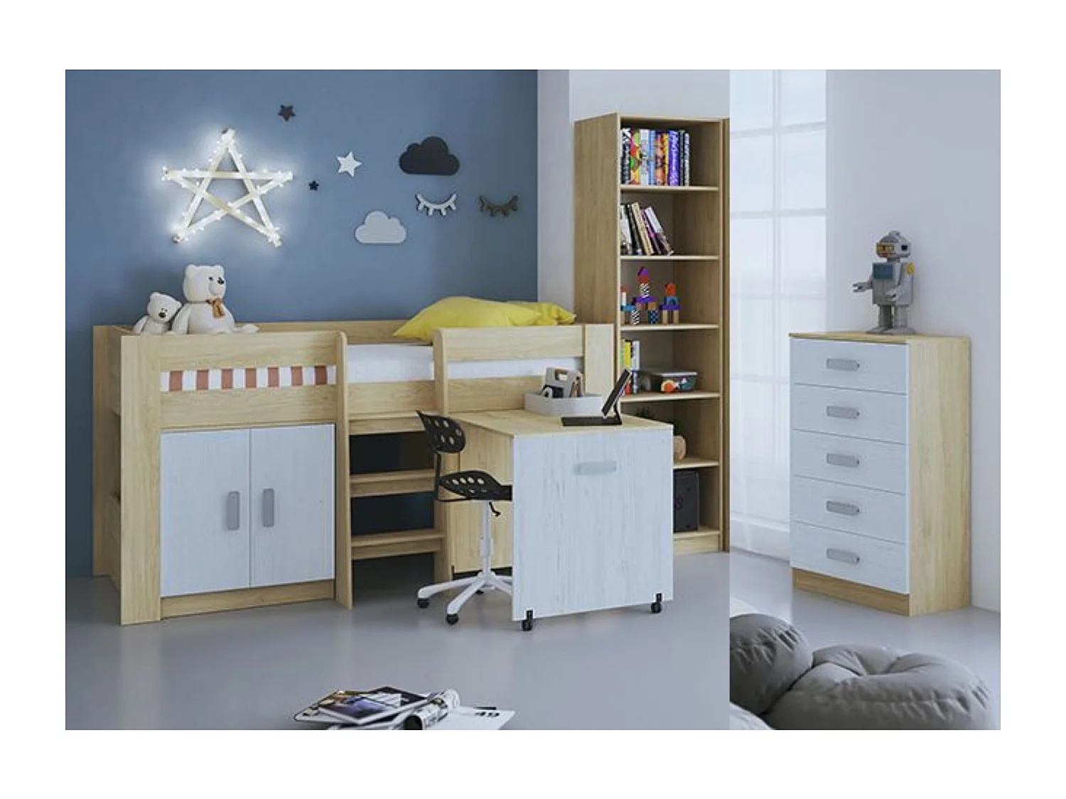 Cama Alta Juvenil con Escritorio y Armario Inferior 208,6 × 115,1 × 110,6 cm Color Blanco y Roble - Diseño Funcional para Espacios Reducidos.