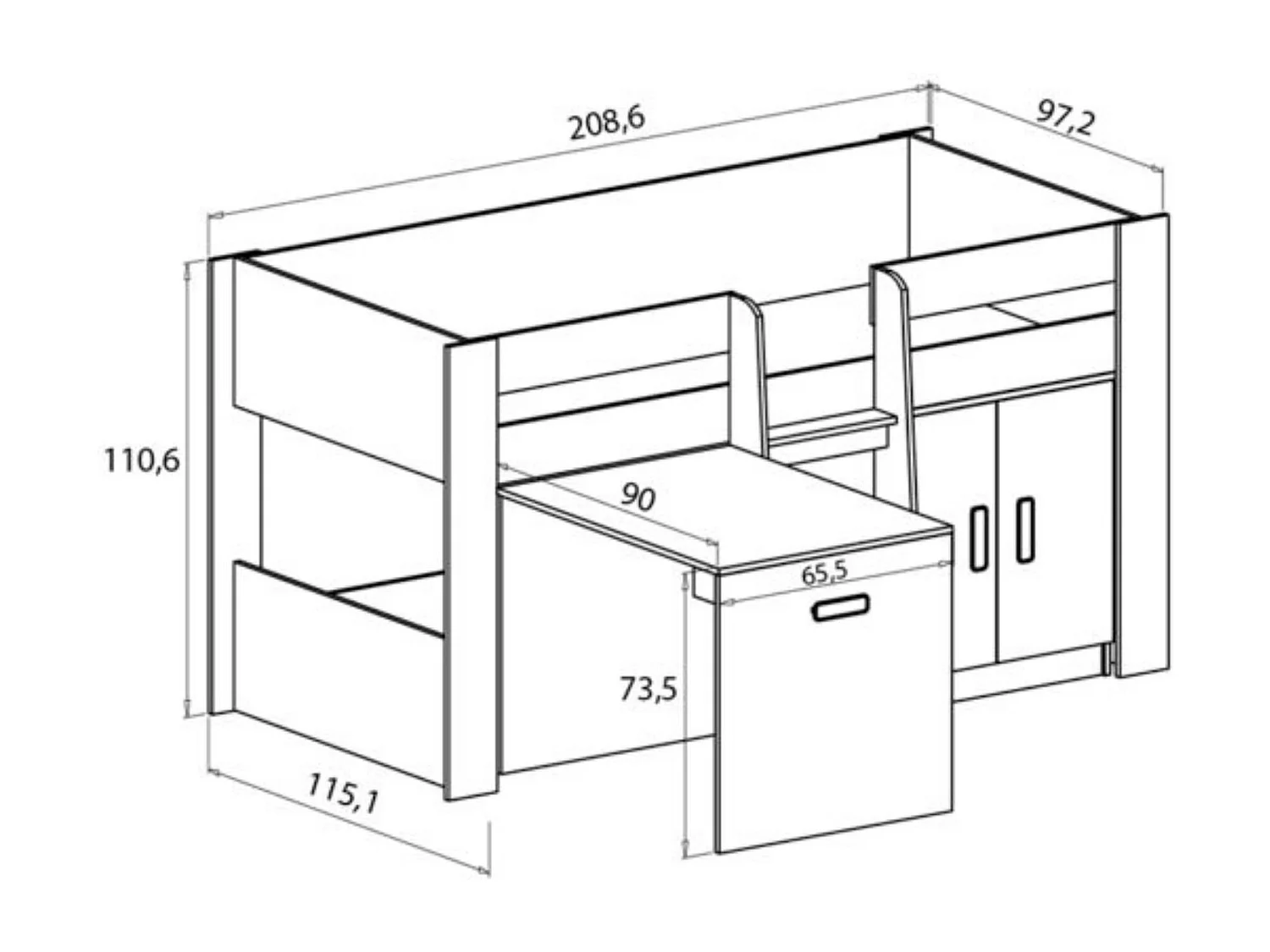 Cama Alta Juvenil con Escritorio y Armario Inferior 208,6 × 115,1 × 110,6 cm Color Blanco y Roble - Diseño Funcional para Espacios Reducidos.