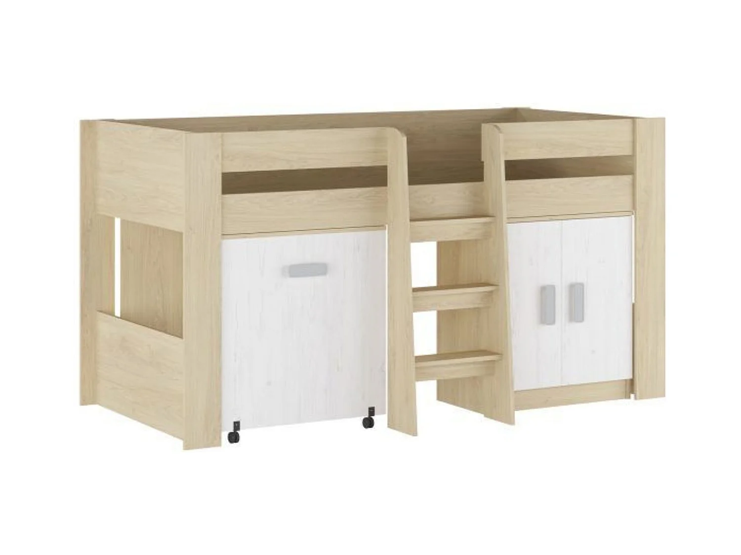 Cama Alta Juvenil con Escritorio y Armario Inferior 208,6 × 115,1 × 110,6 cm Color Blanco y Roble - Diseño Funcional para Espacios Reducidos.