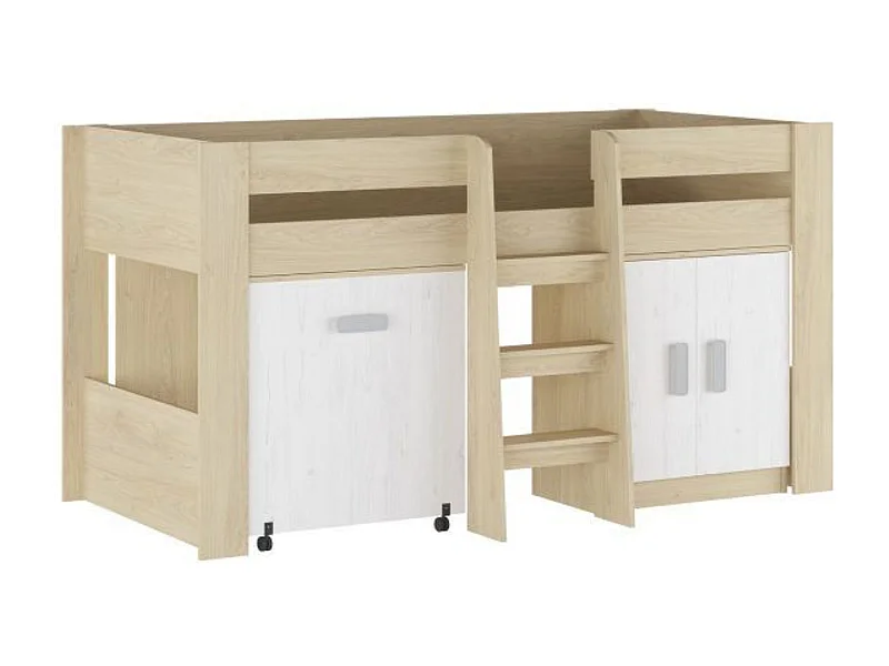 Cama Alta Juvenil con Escritorio y Armario Inferior 208,6 × 115,1 × 110,6 cm Color Blanco y Roble - Diseño Funcional para Espacios Reducidos.