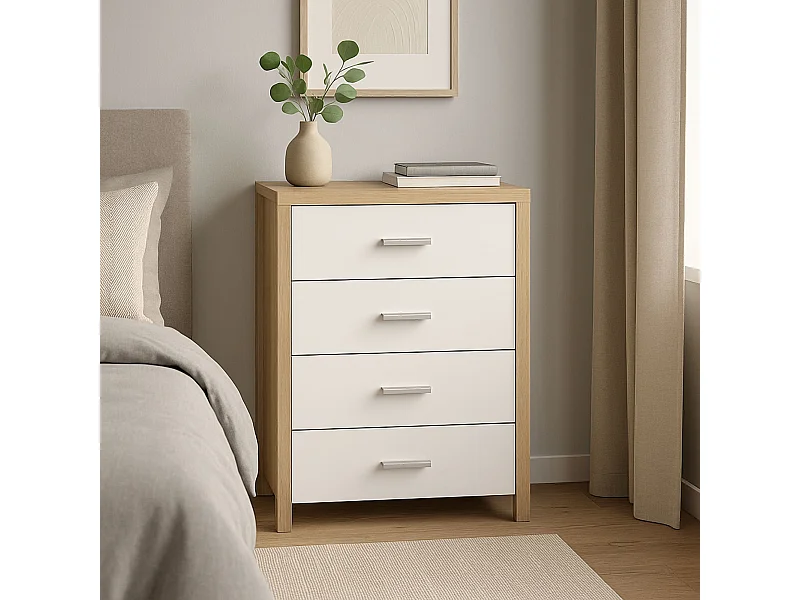 Sinfonier Dormitorio Moderno, 4 Cajones con Guías Metálicas Tipo Europeo, 90cm Alto - 60cm Ancho, Melamina, Color Cambria Blanco