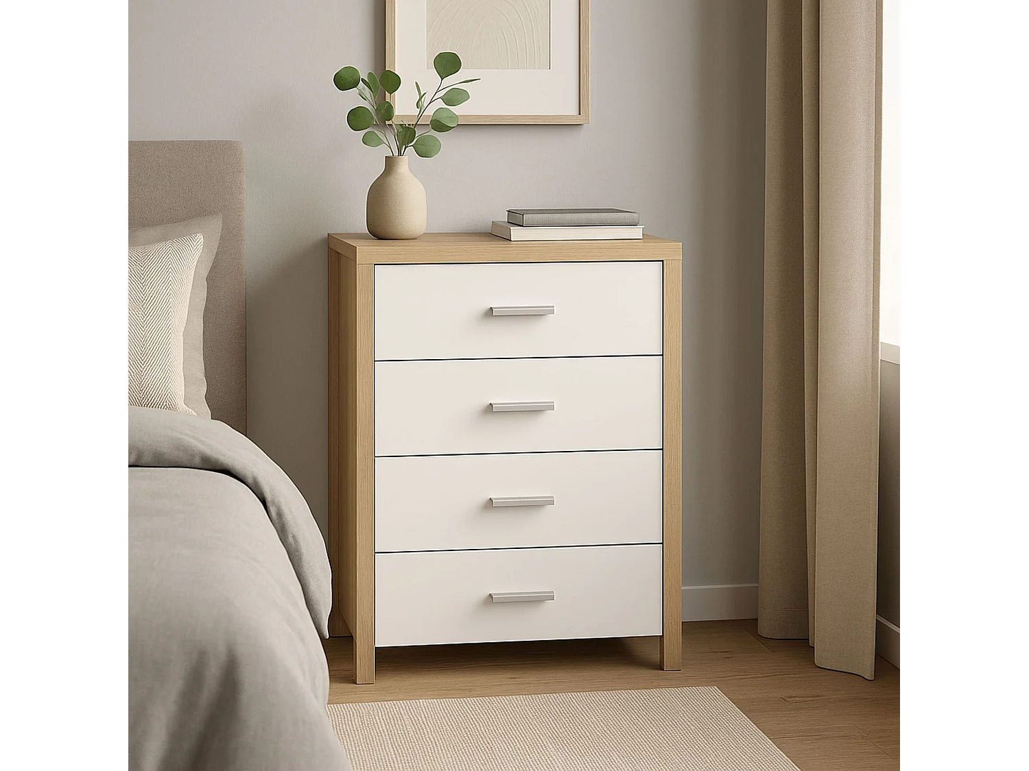 Sinfonier Dormitorio Moderno, 4 Cajones con Guías Metálicas Tipo Europeo, 90cm Alto - 60cm Ancho, Melamina, Color Cambria Blanco