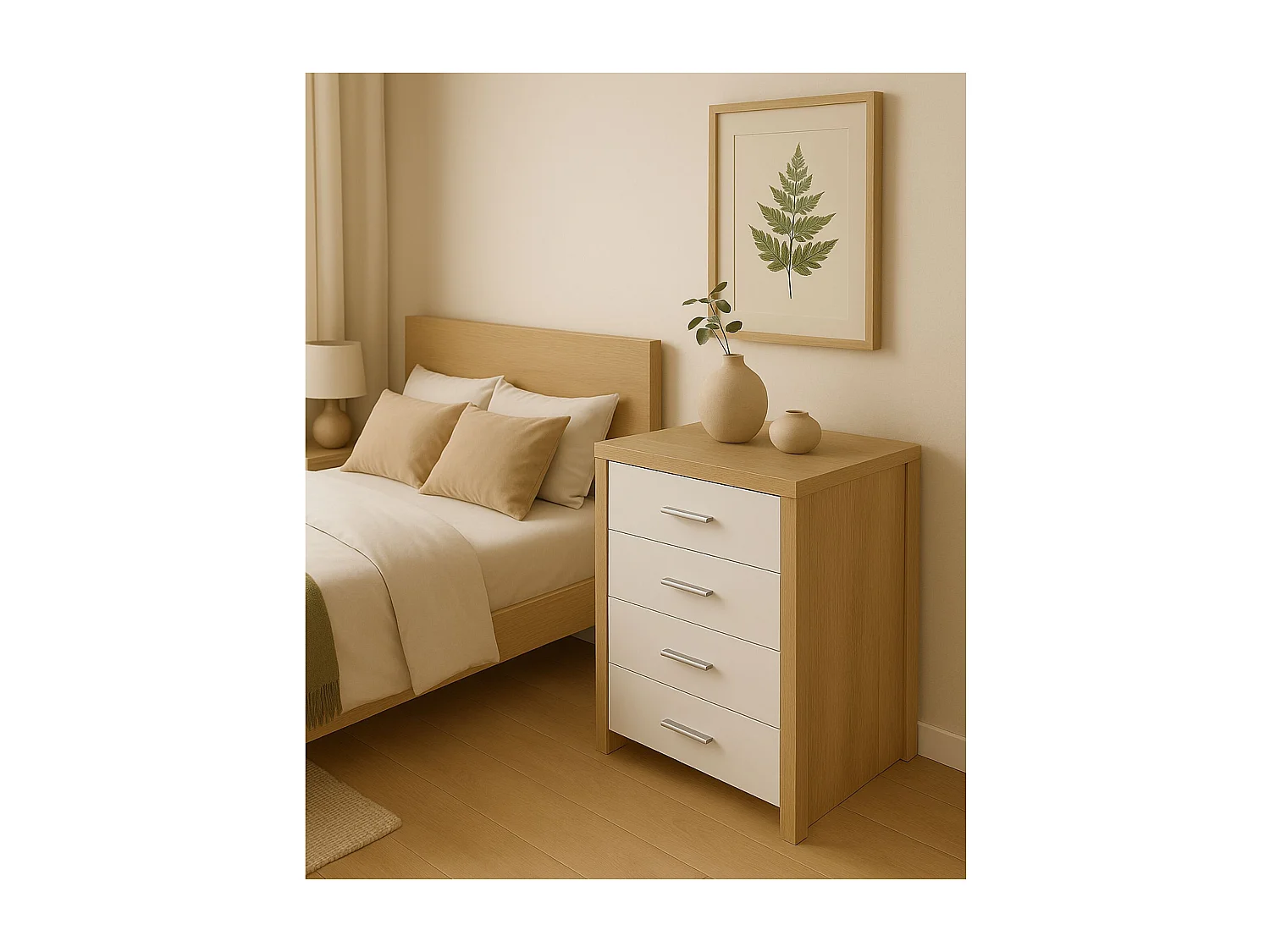Sinfonier Dormitorio Moderno, 4 Cajones con Guías Metálicas Tipo Europeo, 90cm Alto - 60cm Ancho, Melamina, Color Cambria Blanco