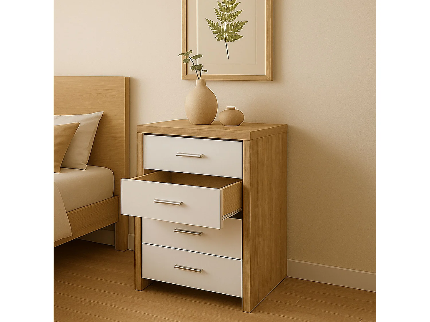 Sinfonier Dormitorio Moderno, 4 Cajones con Guías Metálicas Tipo Europeo, 90cm Alto - 60cm Ancho, Melamina, Color Cambria Blanco