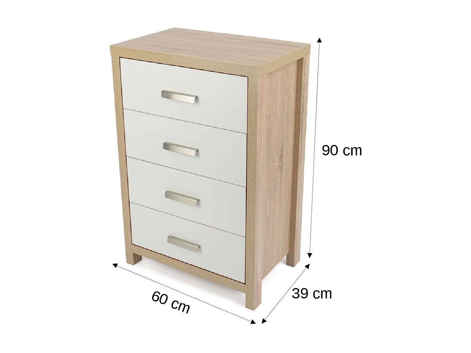 Sinfonier Dormitorio Moderno, 4 Cajones con Guías Metálicas Tipo Europeo, 90cm Alto - 60cm Ancho, Melamina, Color Cambria Blanco