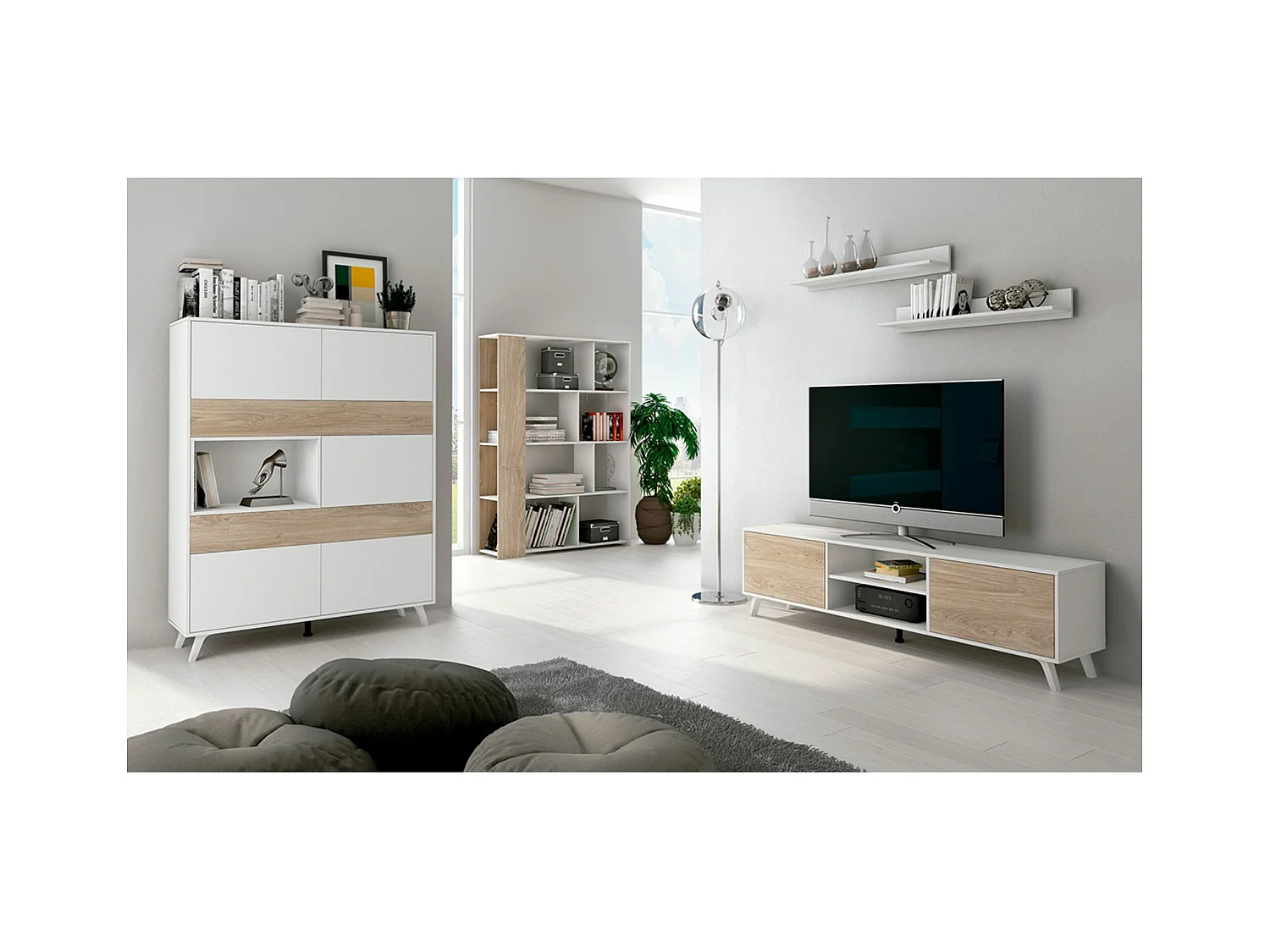 Conjunto de Salón Mueble Completo: Bajo TV, Vitrina, Estantería Decorativa y 2 Estantes - Estilo Roble y Blanco.
