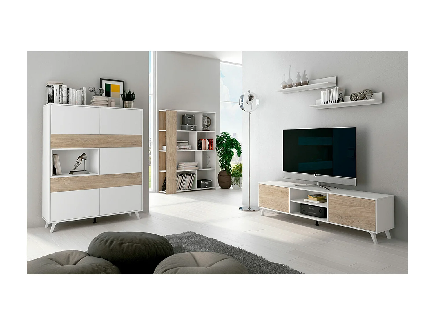Conjunto de Salón Mueble Completo: Bajo TV, Vitrina, Estantería Decorativa y 2 Estantes - Estilo Roble y Blanco.