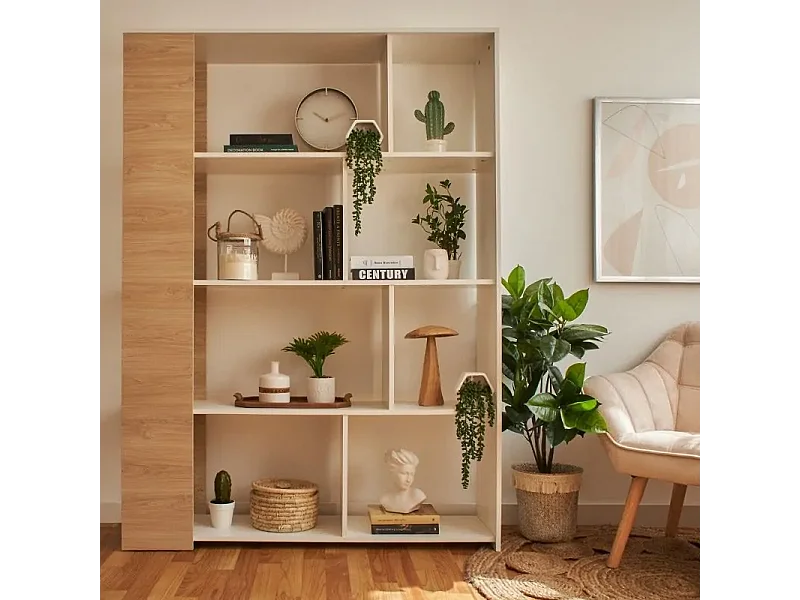 Conjunto de Salón Mueble Completo: Bajo TV, Vitrina, Estantería Decorativa y 2 Estantes - Estilo Roble y Blanco.