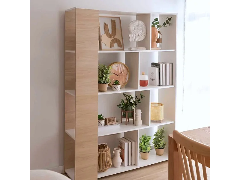 Conjunto de Salón Mueble Completo: Bajo TV, Vitrina, Estantería Decorativa y 2 Estantes - Estilo Roble y Blanco.