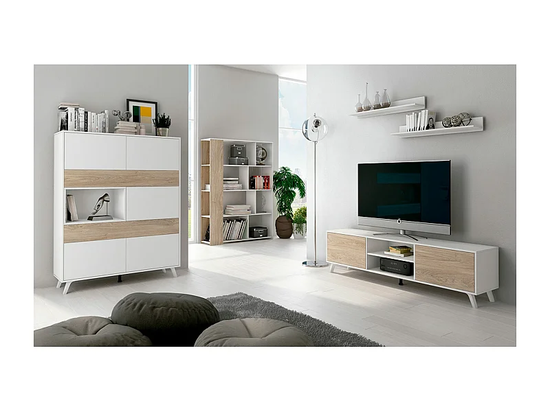Conjunto de Salón Mueble Completo: Bajo TV, Vitrina, Estantería Decorativa y 2 Estantes - Estilo Roble y Blanco.