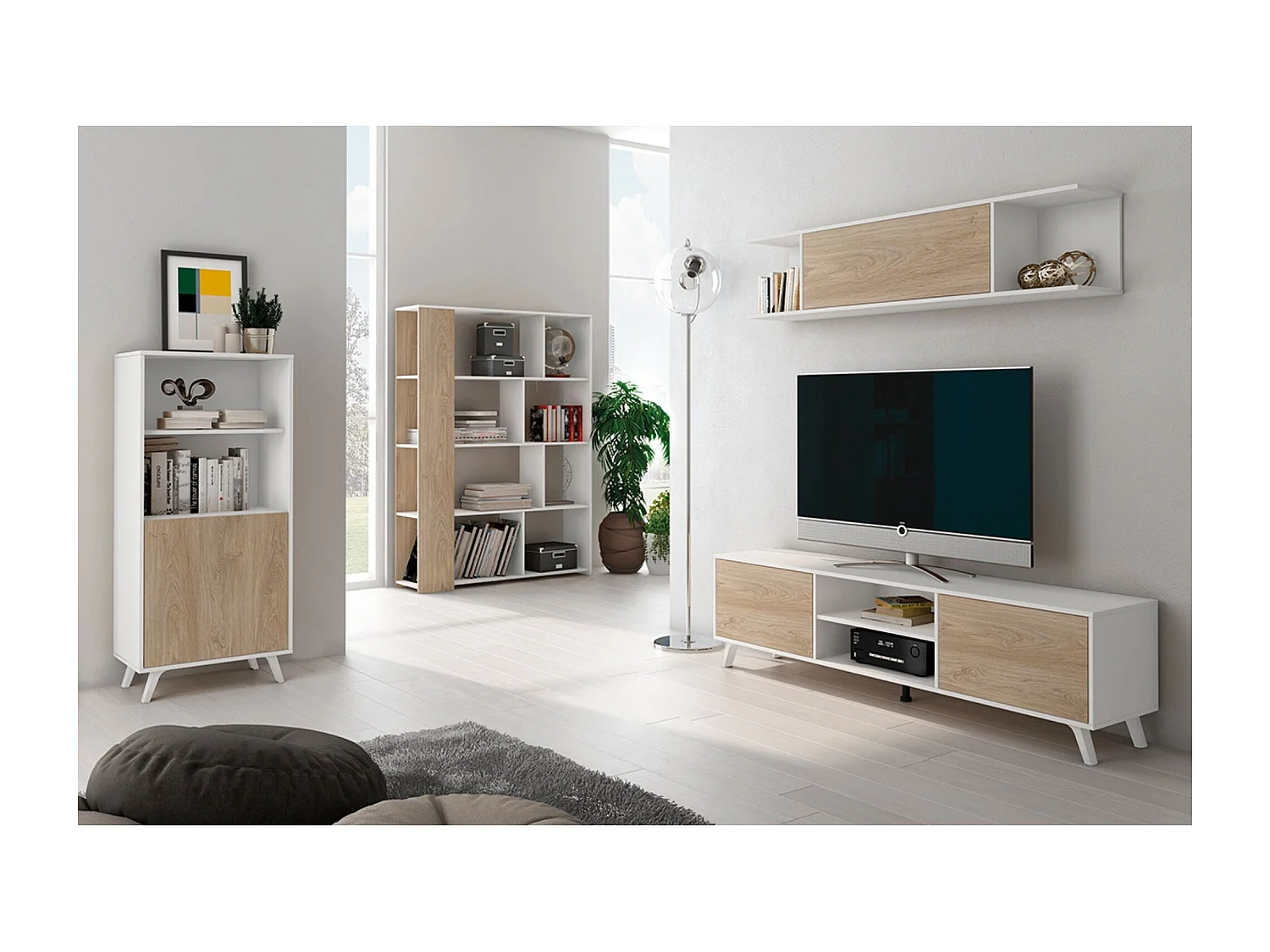 Conjunto de Salón Mueble Completo: Bajo TV, Mueble Bar, Estantería y Mueble Colgar - Estilo Roble y Blanco.
