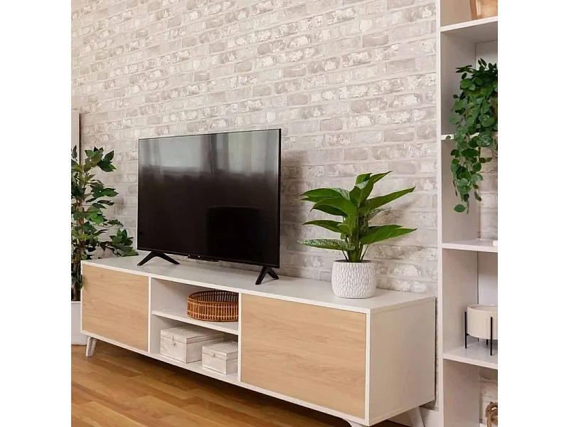 Conjunto de Salón Mueble Completo: Bajo TV, Mueble Bar, Estantería y Mueble Colgar - Estilo Roble y Blanco.