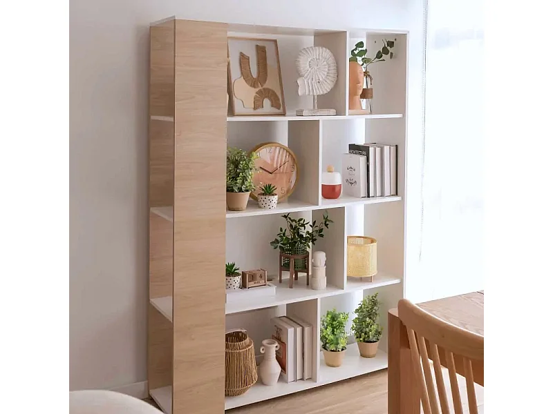 Conjunto de Salón Mueble Completo: Bajo TV, Mueble Bar, Estantería y Mueble Colgar - Estilo Roble y Blanco.