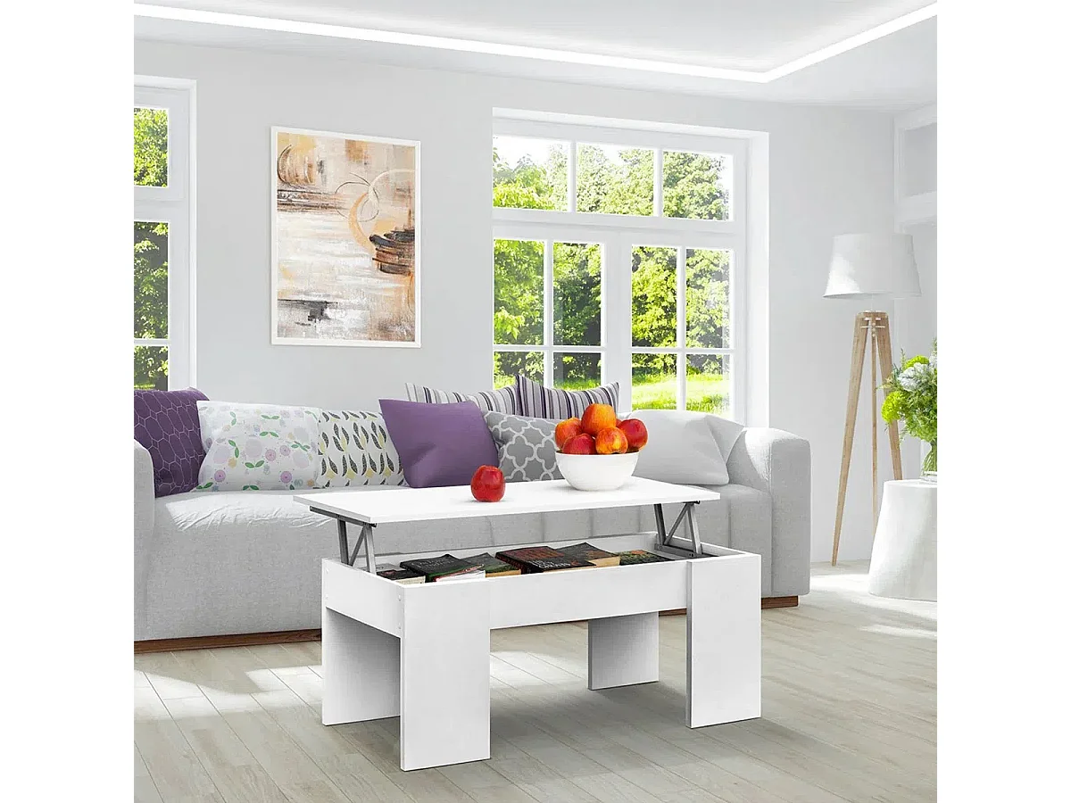 Meyvaser - Mesa de Centro Elevable, Mesita de Salón o Comedor, Acabado en Color Blanco, Medidas: 90 cm (Ancho) x 50 cm (Fondo) x 46-57 cm (Alto)