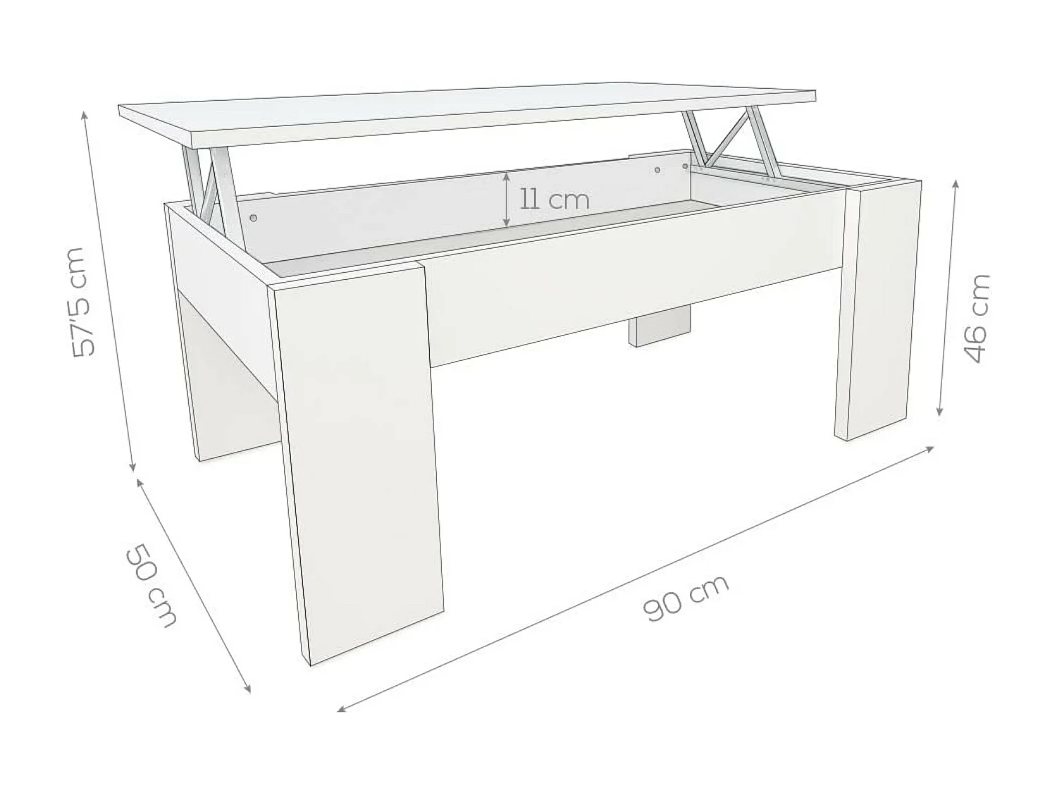 Meyvaser - Mesa de Centro Elevable, Mesita de Salón o Comedor, Acabado en Color Blanco, Medidas: 90 cm (Ancho) x 50 cm (Fondo) x 46-57 cm (Alto)