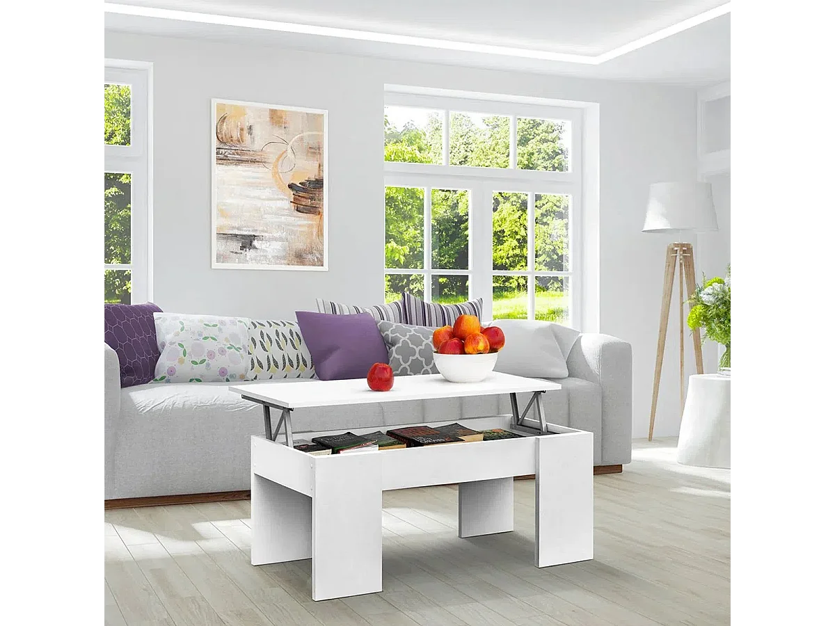 Meyvaser - Mesa de Centro Elevable, Mesita de Salón o Comedor, Acabado en Color Blanco, Medidas: 90 cm (Ancho) x 50 cm (Fondo) x 46-57 cm (Alto)