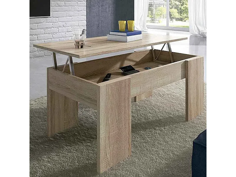 Meyvaser Mesa de Centro Elevable, Para Salón o Comedor, Madera, Acabado en Color Cambria, Medidas: 90 cm (Ancho) x 50 cm (Fondo) x 46-57 cm (Alto)