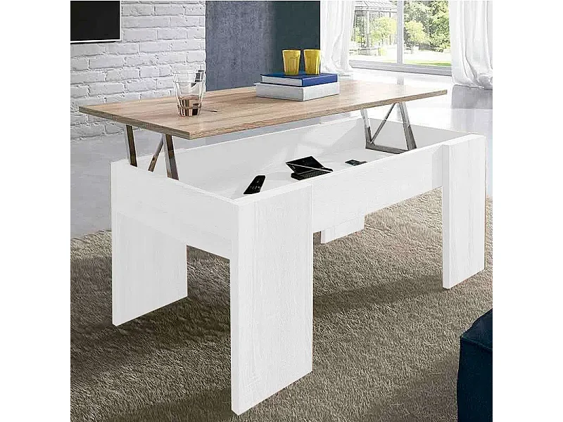 Meyvaser - Mesa de Centro Elevable, Acabado en Color Blanco con Tapa Cambria, Medidas: 90 cm (Ancho) x 50 cm (Fondo) x 46-57 cm (Alto)