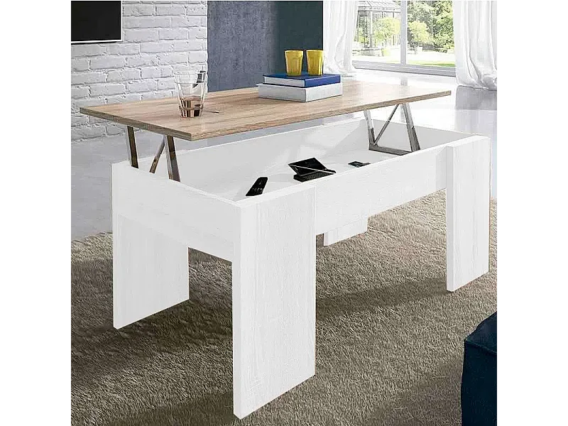 Meyvaser - Mesa de Centro Elevable, Acabado en Color Blanco con Tapa Cambria, Medidas: 90 cm (Ancho) x 50 cm (Fondo) x 46-57 cm (Alto)