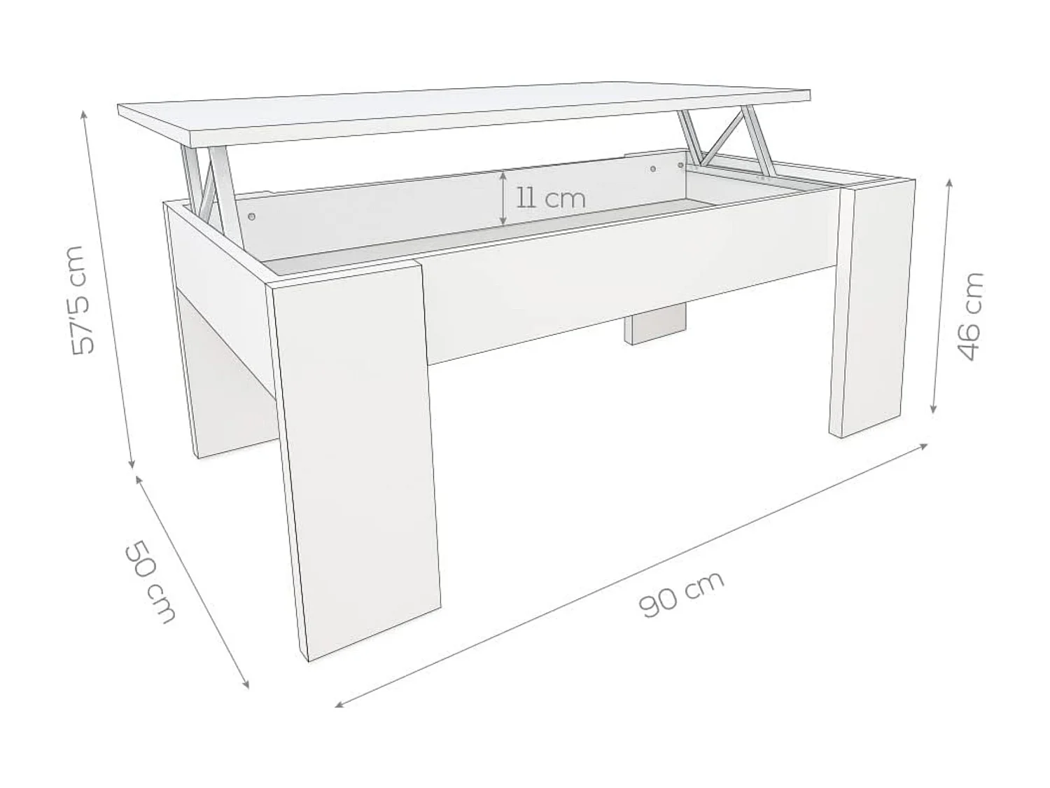 Meyvaser Mesa de Centro Elevable, Mesita de Salón o Comedor, Acabado en Color Gris Polar, Medidas: 90 cm (Ancho) x 50 cm (Fondo) x 46-57 cm (Alto)
