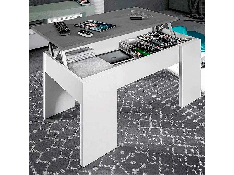 Meyvaser Mesa de Centro Elevable, para Salón o Comedor, Medidas: 90 cm x 50 cm x 46-57 cm, Acabado en Color Madera Blanca con Tapa Gris Piedra