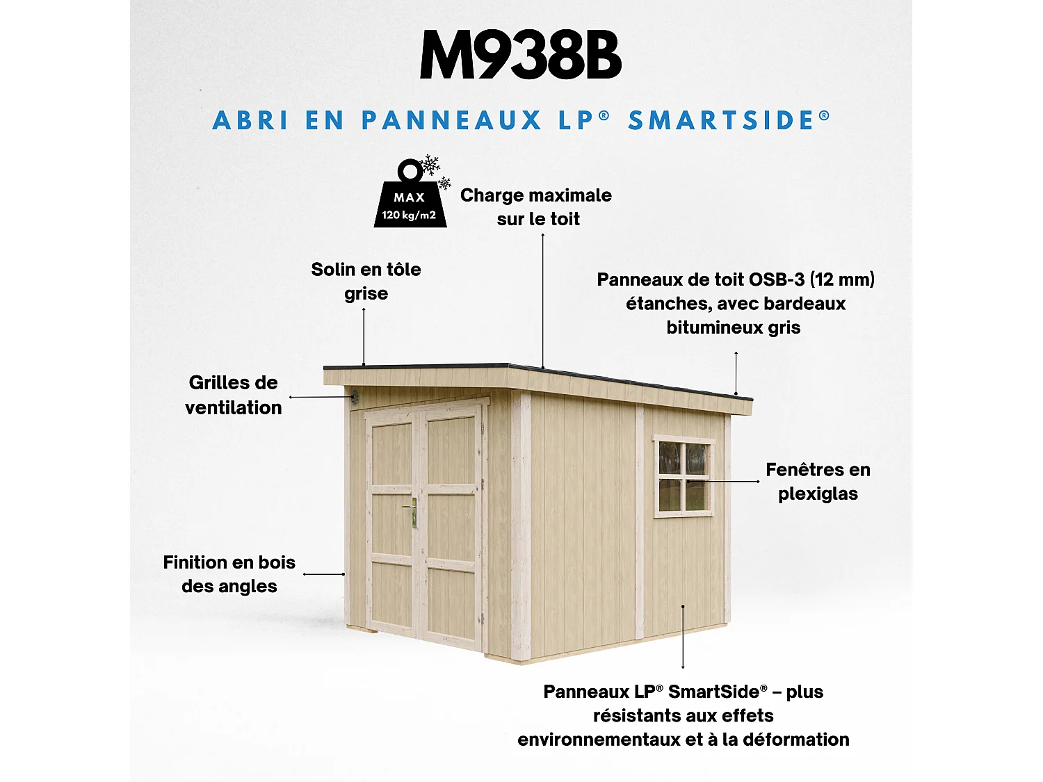 Abri de jardin qualité premium - 5,9 m² - H231x248x294 cm - sans plancher e paroi latérale - M938B