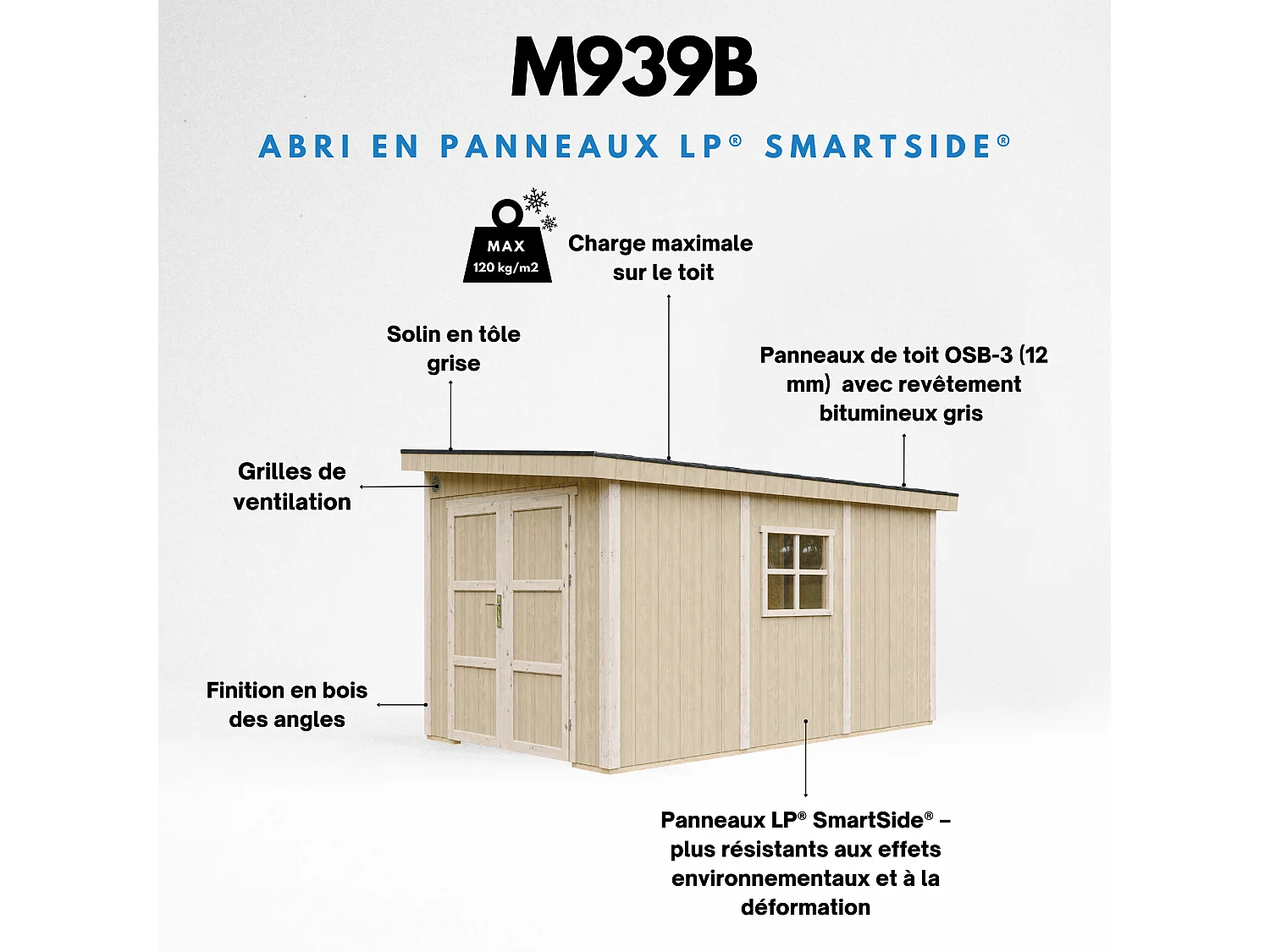 Abri de Jardin Qualité Premium 8,68 m² - H231x248x412 cm - Sans plancher e  paroi latérale - Timbela M939B-CAVERN STEEL