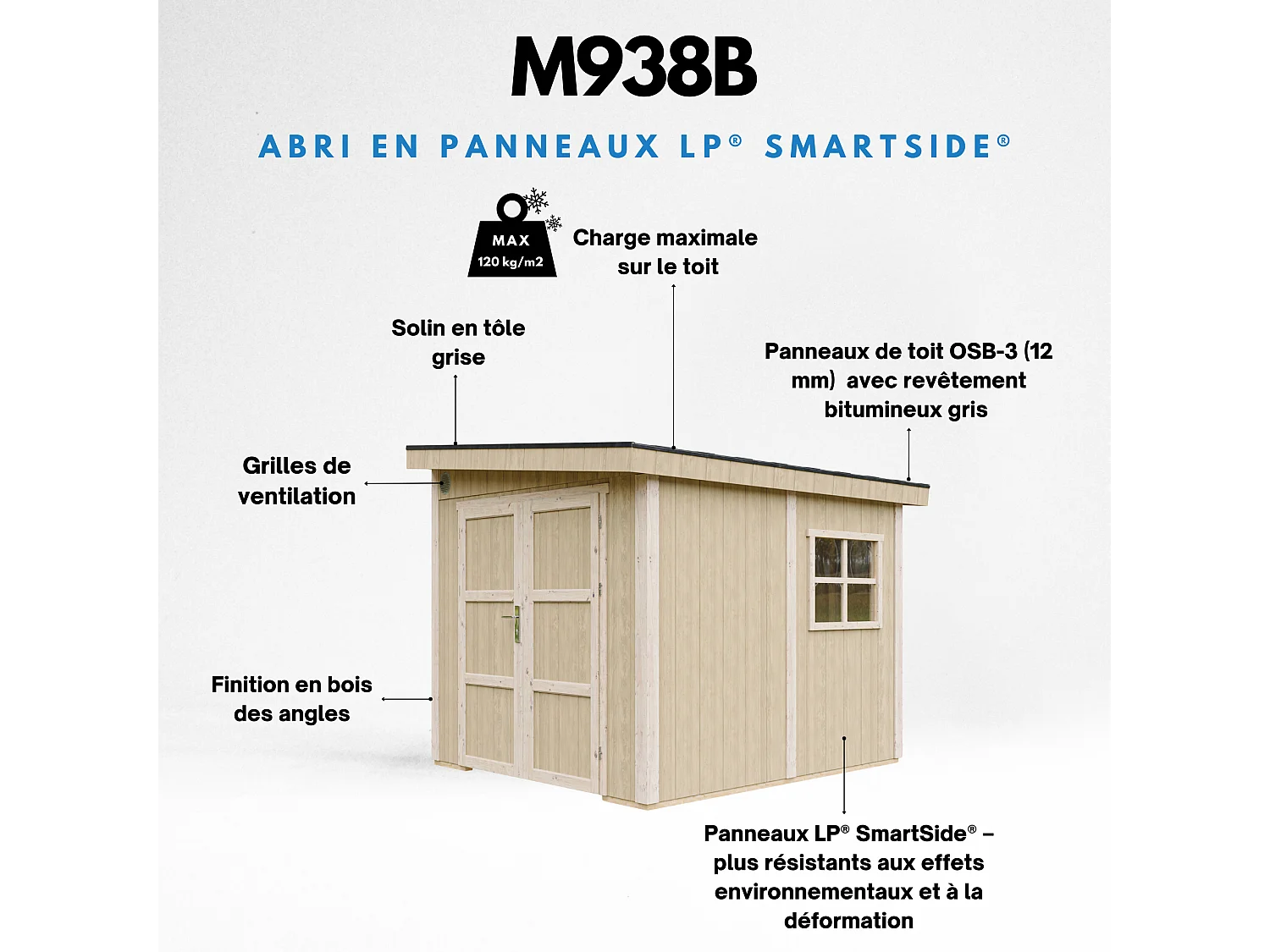 Abri de jardin qualité Premium 5,9 m² - H231x248x294 cm - sans plancher e paroi latérale - M938B-TUNDRA GREY
